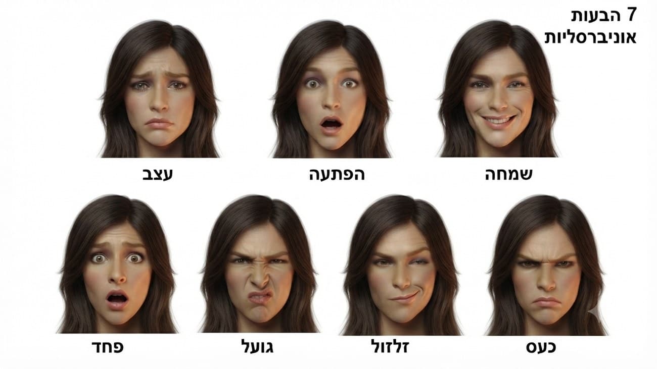 שבע הבעות הפנים האוניברסליות: עצב, הפתעה, שמחה, פחד, גועל, זלזול וכעס