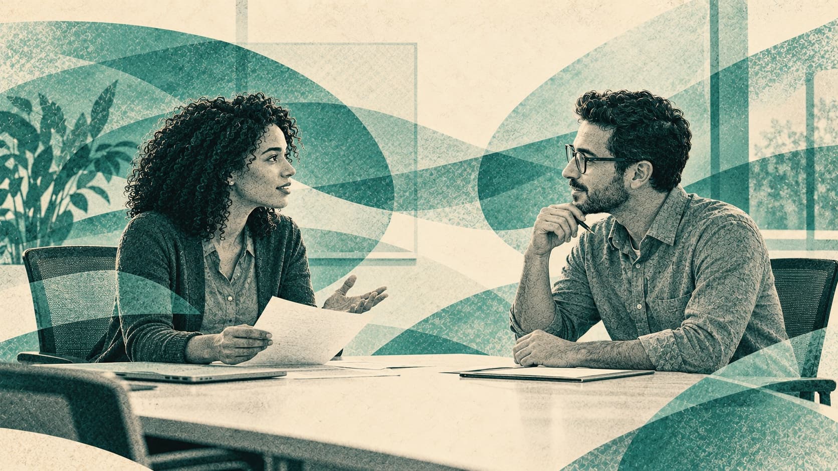 איור סגנוני של גבר ואישה יושבים משני צדי שולחן ישיבות ומקיימים קשר עין ישיר במהלך שיחה