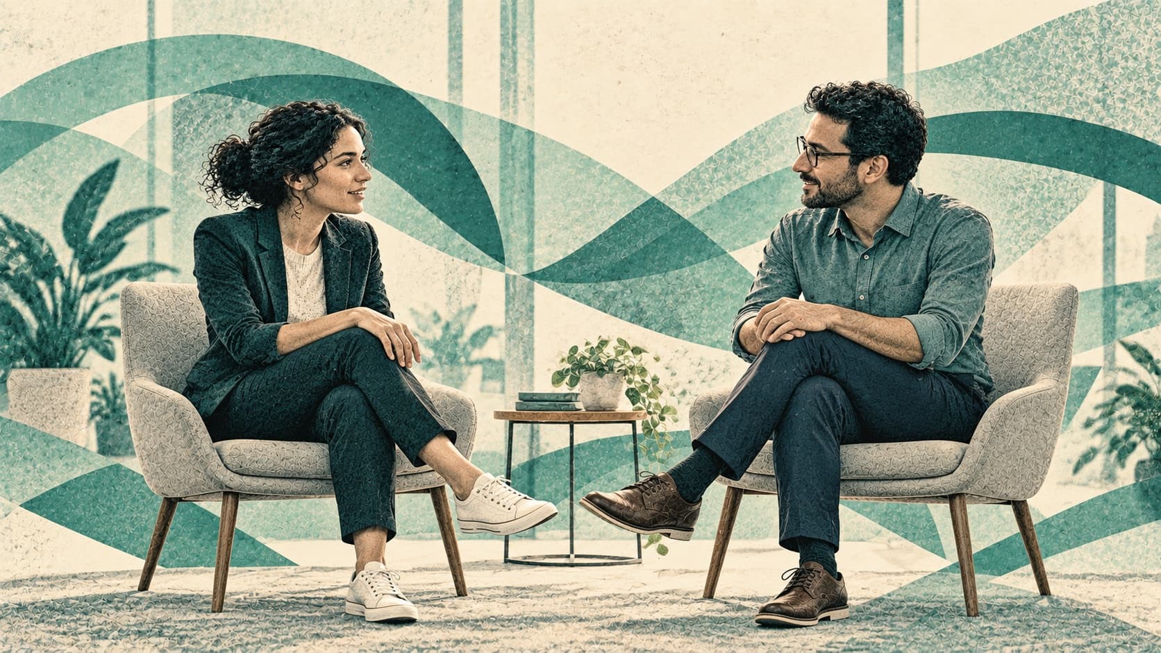 איור סגנוני של שני אנשים משוחחים בישיבה, כל אחד בתנוחת גוף דומה לשני