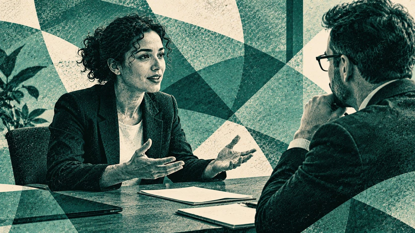 איור של מועמדת מדברת בביטחון מול מראיין בשולחן